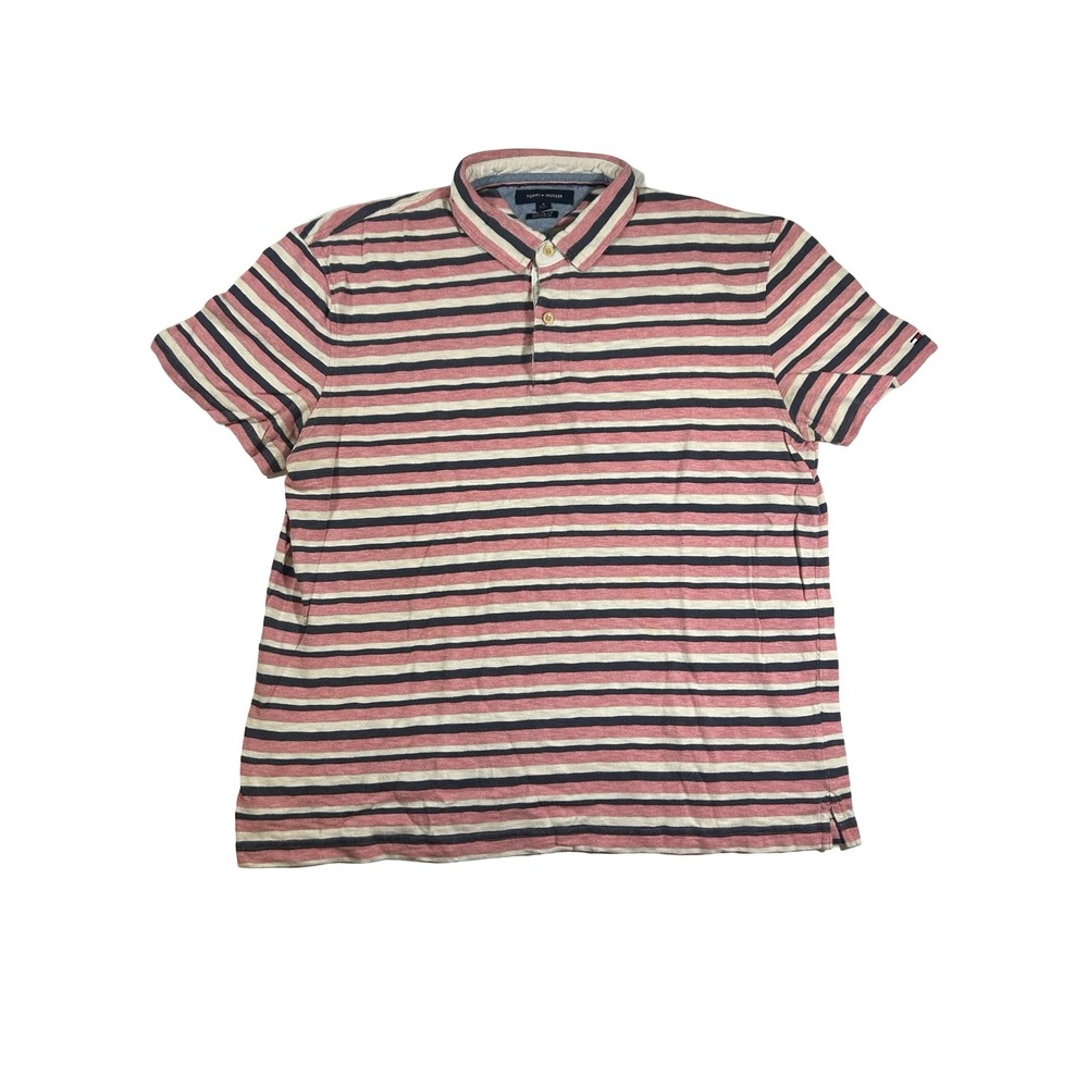 Tommy Hilfiger Mens XL Custom Fit Striped Polo Shirt Pink Gray Short Sleeve